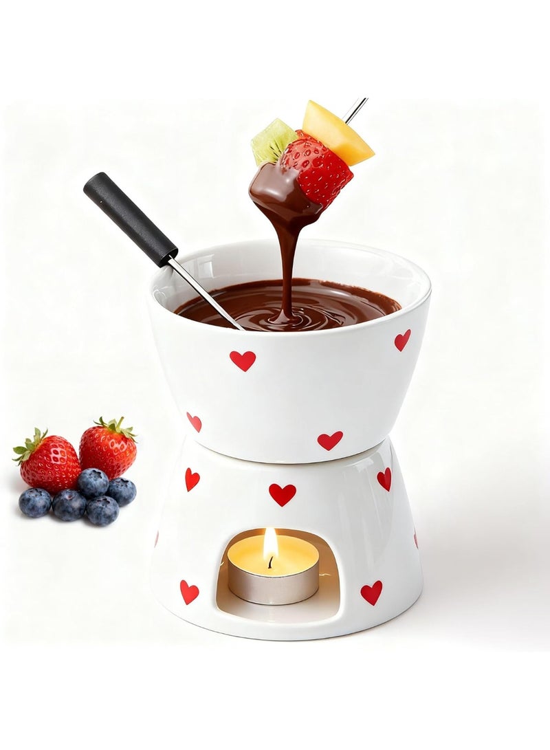 Bukela كوب فوندو الجبنة الحلوة مع شوكتين للغمس، مجموعة أكواب ذوبان الشوكولاتة الخزفية البيضاء، دافئ زبدة لطيف للمأكولات البحرية، ذوبان شوكولاتة فريدة للمواعيد/الذكرى/هدية/عيد الميلاد (حب أبيض) - Image 1